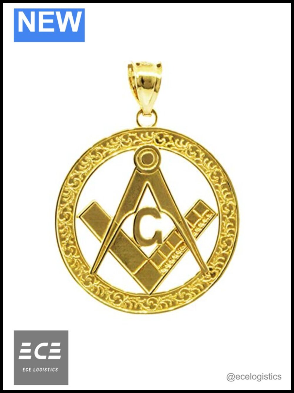 10K Yellow Gold Freemason Round Masonic Bail Pendant Charm
